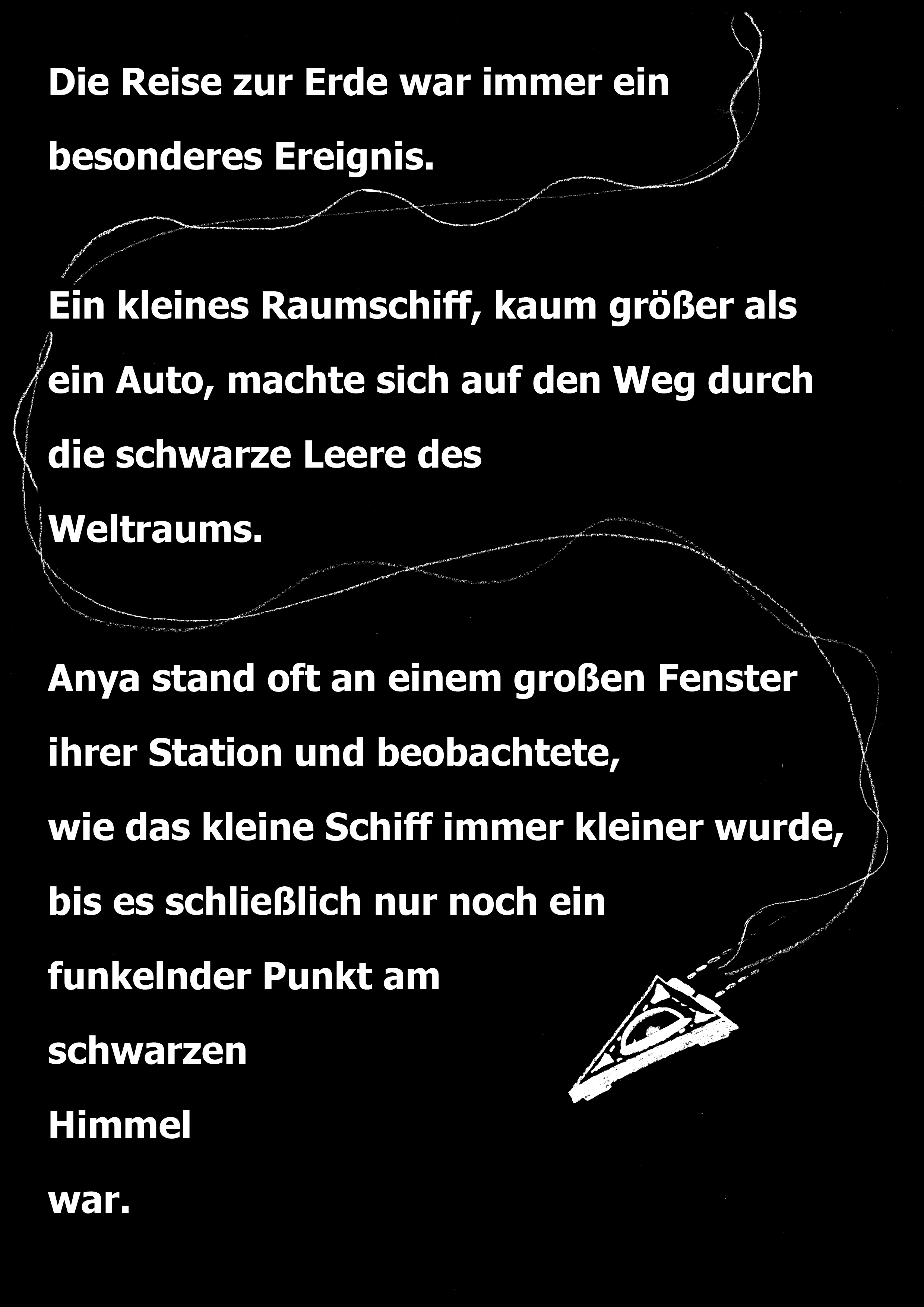 Die Reise zur Erde war immer ein besonderes Ereignis. Ein kleines Raumschiff, kaum größer als ein Auto, machte sich auf den Weg durch die schwarze Leere des Weltraums. Anya stand oft an einem großen Fenster ihrer Station und beobachtete, wie das kleine Schiff immer kleiner wurde, bis es schließlich nur noch ein funkelnder Punkt am schwarzen Himmel war.