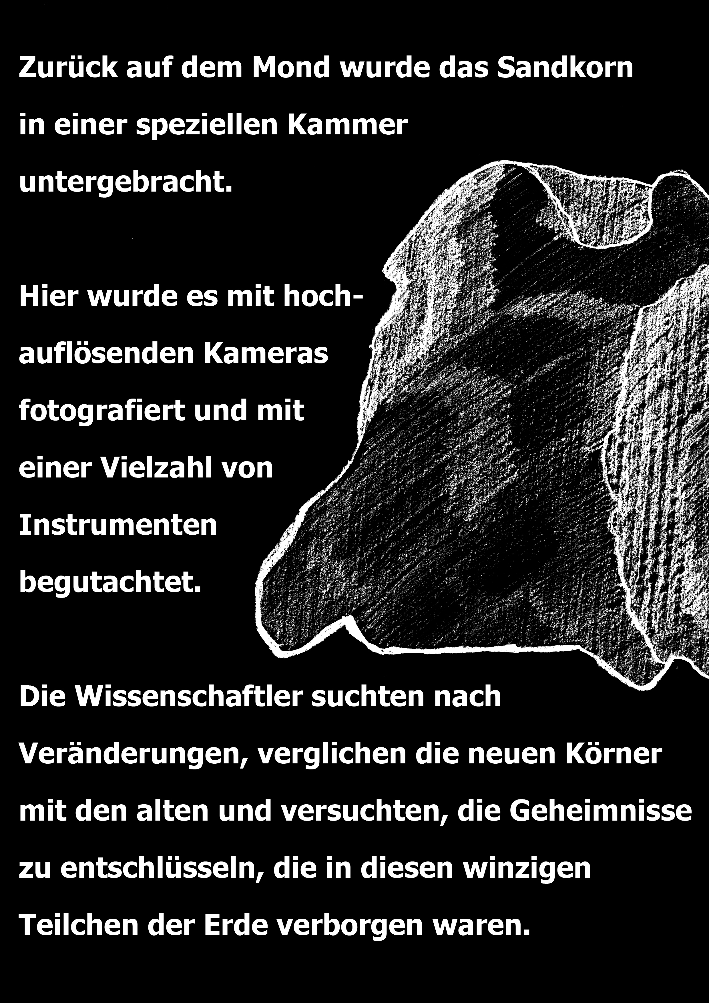 Zurck auf dem Mond wurde das Sandkorn in einer speziellen Kammer untergebracht. Hier wurde es mit hochauflösenden Kameras fotografiert und mit einer Vielzahl von Instrumenten begutachtet. Die Wissenschaftler suchten nach Veränderungen, verglichen die neuen Körner mit den alten und versuchten, die Geheimnisse zu entschlüsseln, die in diesen winzigen Teilchen der Erde verborgen waren.